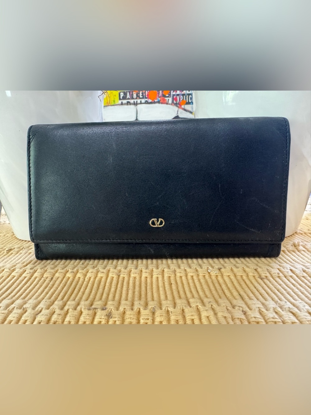 Valentino Black Leather Wallet with Gold Logo Accent